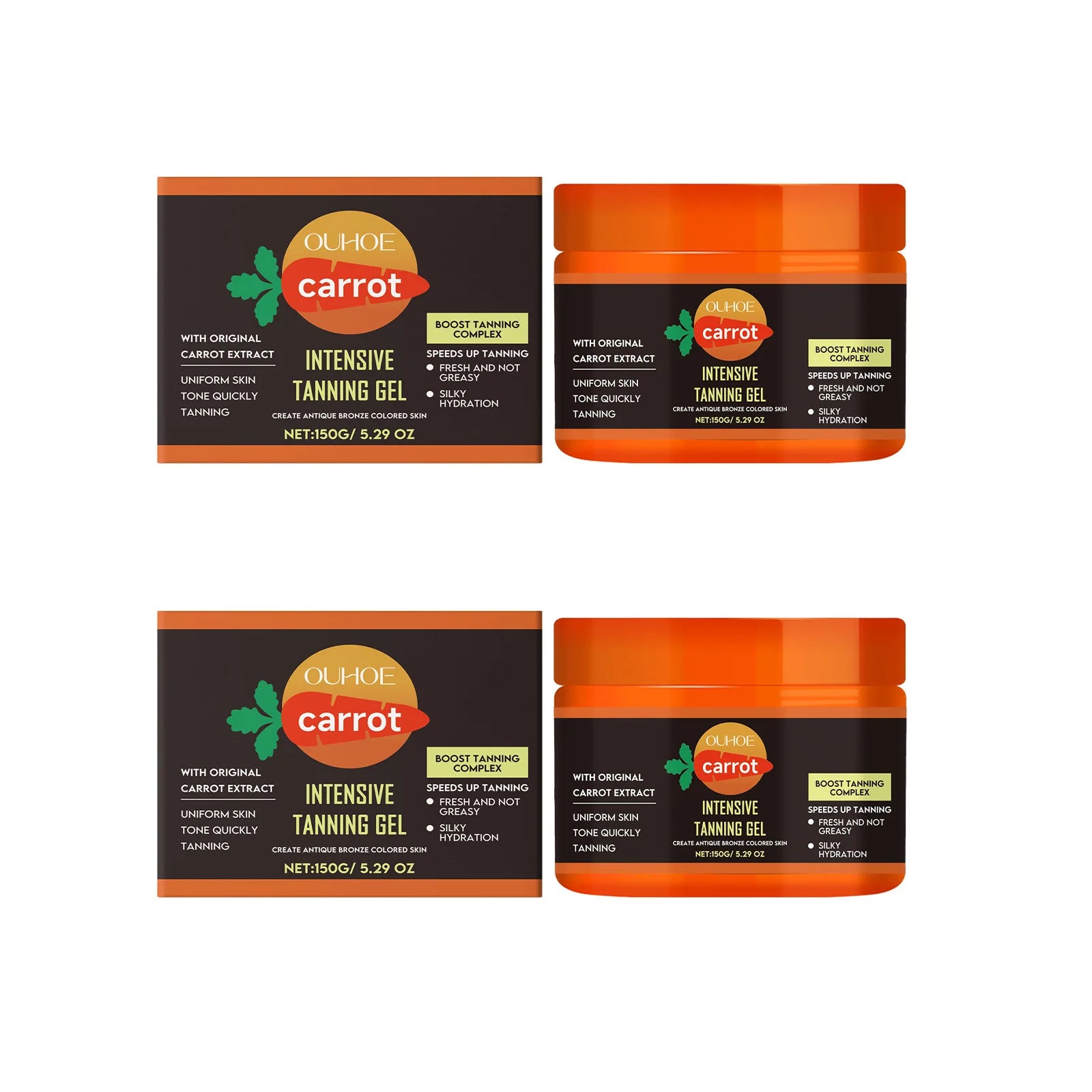 Carrot Tanning Gel Hydrating Lightweight Fast Absorbing Bronzing Gel Moisturizing Natural Sunless Tan Enhancer for Face & Body Oasis Select 2 x 150g Boxed