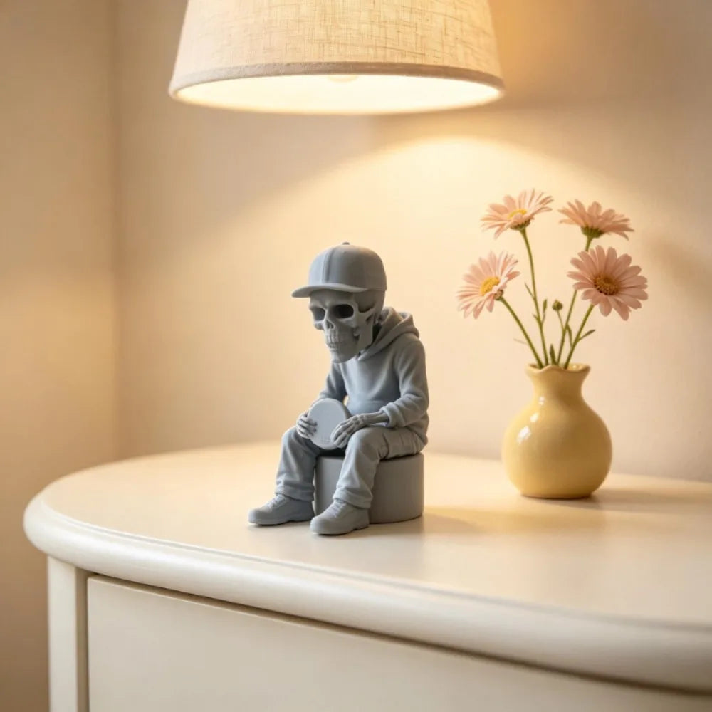 Frisbee Skull Figurine 3D Printing Casual Sitting Edge Sitter Statue Modern Gothic Ornaments for Home Office Desktop Shelf Decor Oasis Select