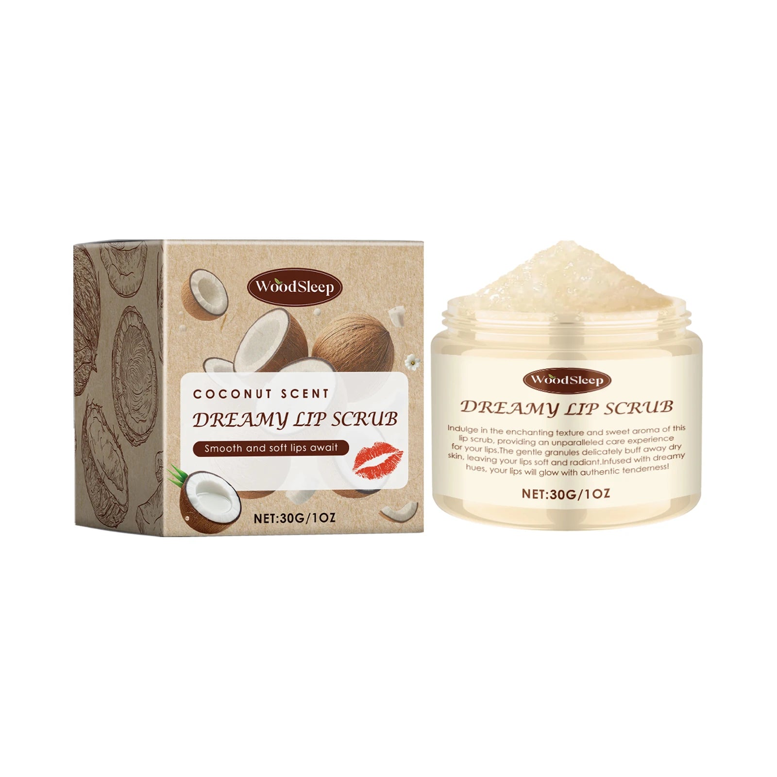 WOODSLEEP Coconut Vanilla Lip Scrub – Exfoliate & Moisturize Lip Scrub Oasis Select 30g COCONUT SCENT