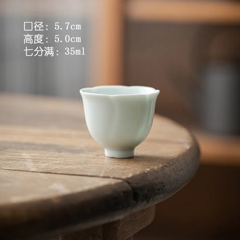 Flower Shaped Cup Ceramic Pure Color Tea Cup Tea Cup Single Cup Thin Body Household Celadon White Porcelain Tea Cup Oasis Select Blue Six Petal Cup