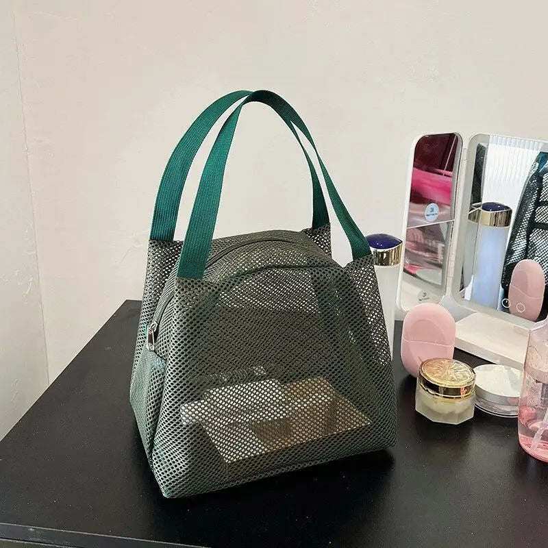New Large Capacity Mesh Bag with handle Travel Toiltery Makeup Bag Portable Beach Bag Cosmetic Zipper Pouch Oasis Select Green