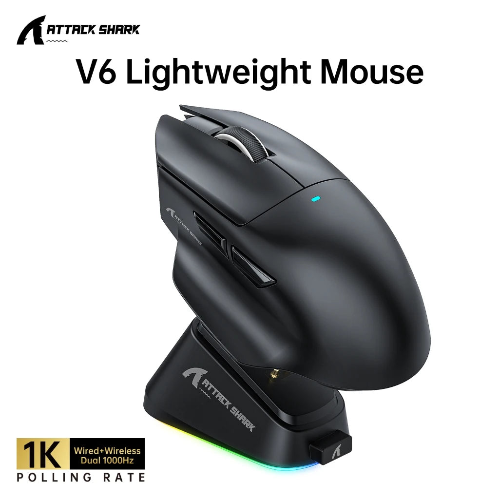 Attack Shark V6 Tri-Mode Gaming Mouse Wireless, 65g UltraLight, PAW3311 Sensor, RGB Magnetic Charging Dock,1000Hz 500mAh Battery Oasis Select V6 Black Light