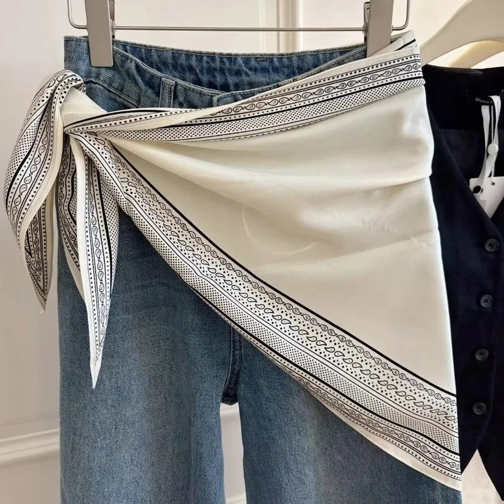 New Multi-functional Polka Dot Triangle Scarf Matching Pants Silk Satin Waist Belt Decorative Headscarf Oasis Select Style2-White