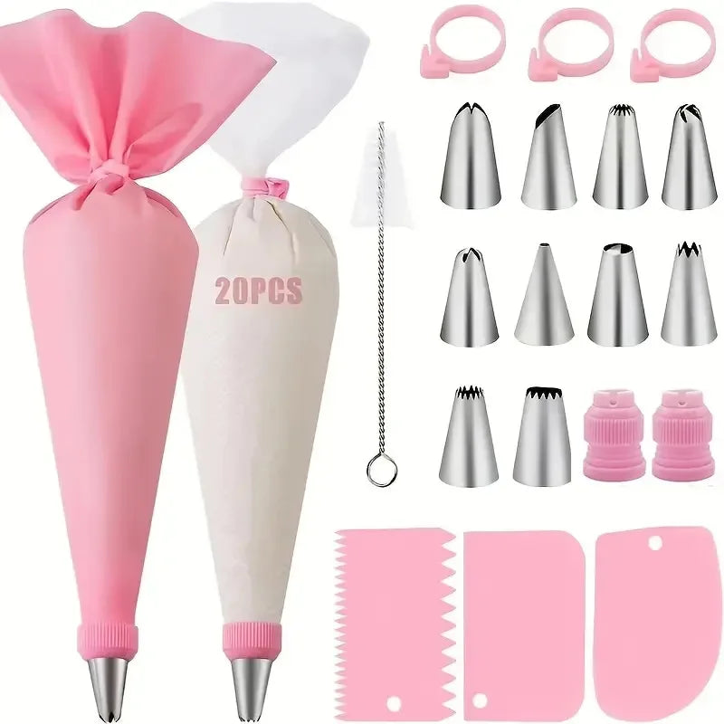 Cake Decorating Tool Set Silicone Pastry Bags DIY Cake Icing Piping Stainless Nozzle Reusable Cream Decorating Mouth Baking Tool Oasis Select F07-40Pink