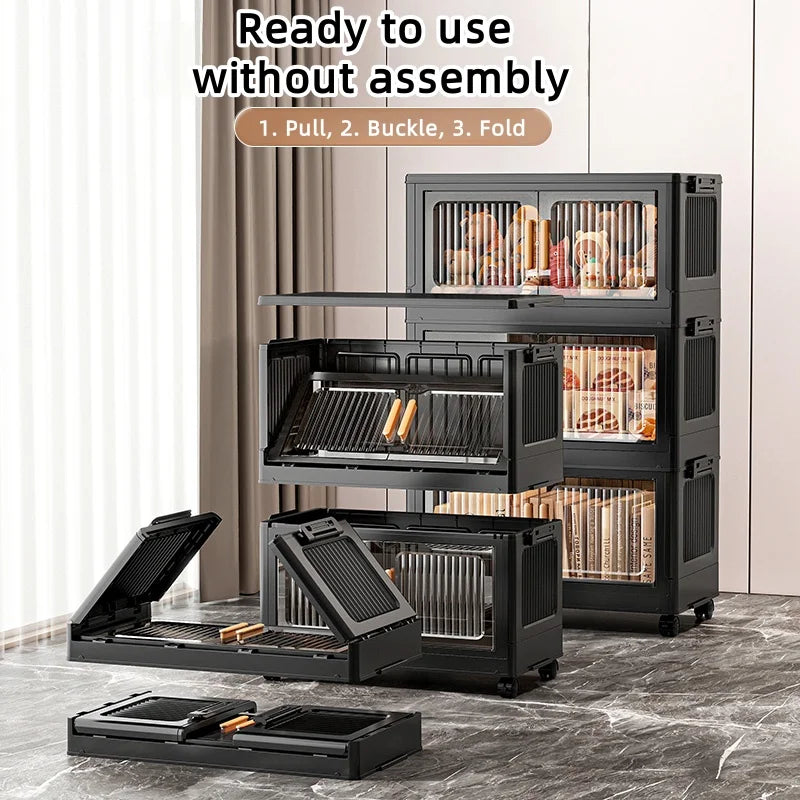Foldable Clear Double-Door Storage Cabinet Large Space-Saving Mobile Organizer Dustproof Moisture-Proof for Kitchen Living Room Oasis Select