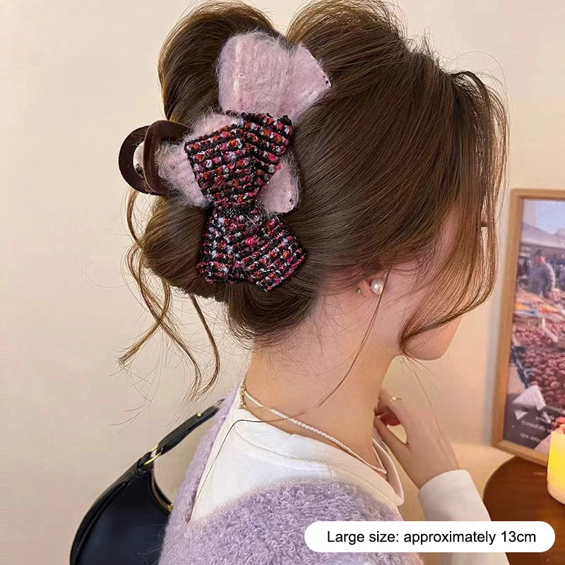 Retro Autumn And Winter Wool-blend Color-block Double Bow Hair Clip For Women Girls Large Shark Clip Hair Accessories Oasis Select A4
