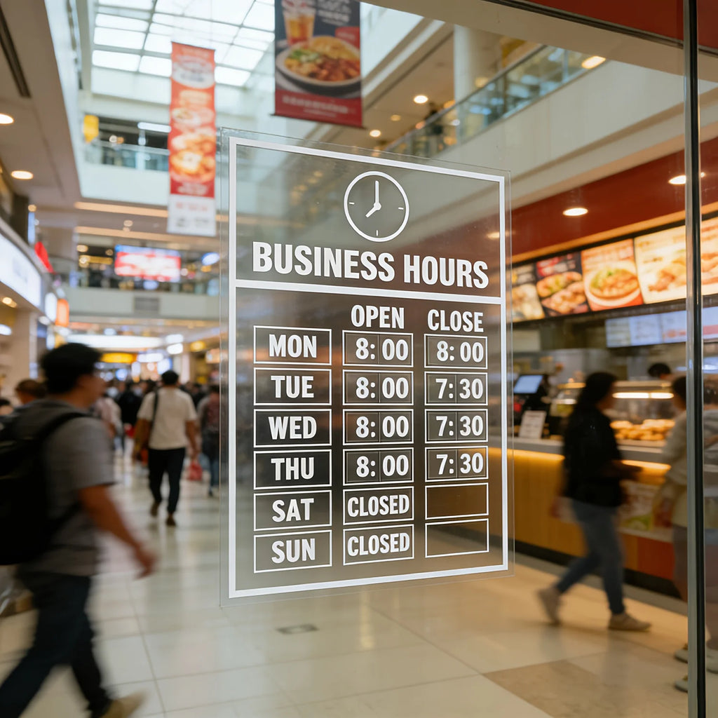 2 Sets Business Hours Window Decal, Clear UV Resistant Store Hours Sticker - Self-Adhesive Open Close Time Sign for Glass Door Oasis Select
