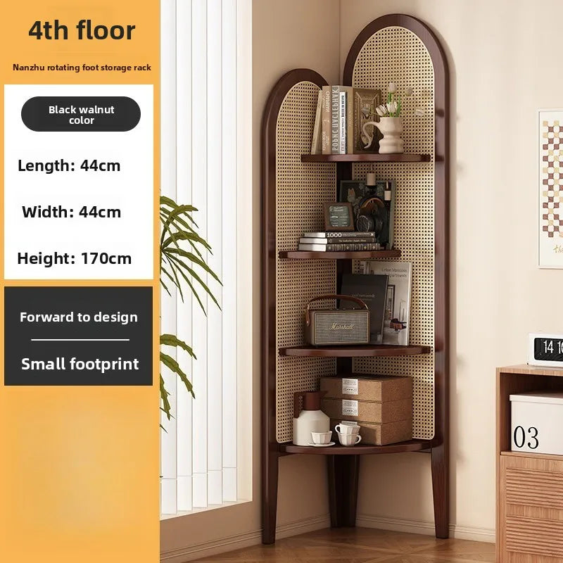 Chinese retro rattan corner decoration shelf, living room sofa wall edge book cabinet, bedroom solid wood triple crutch screen Oasis Select Walnut