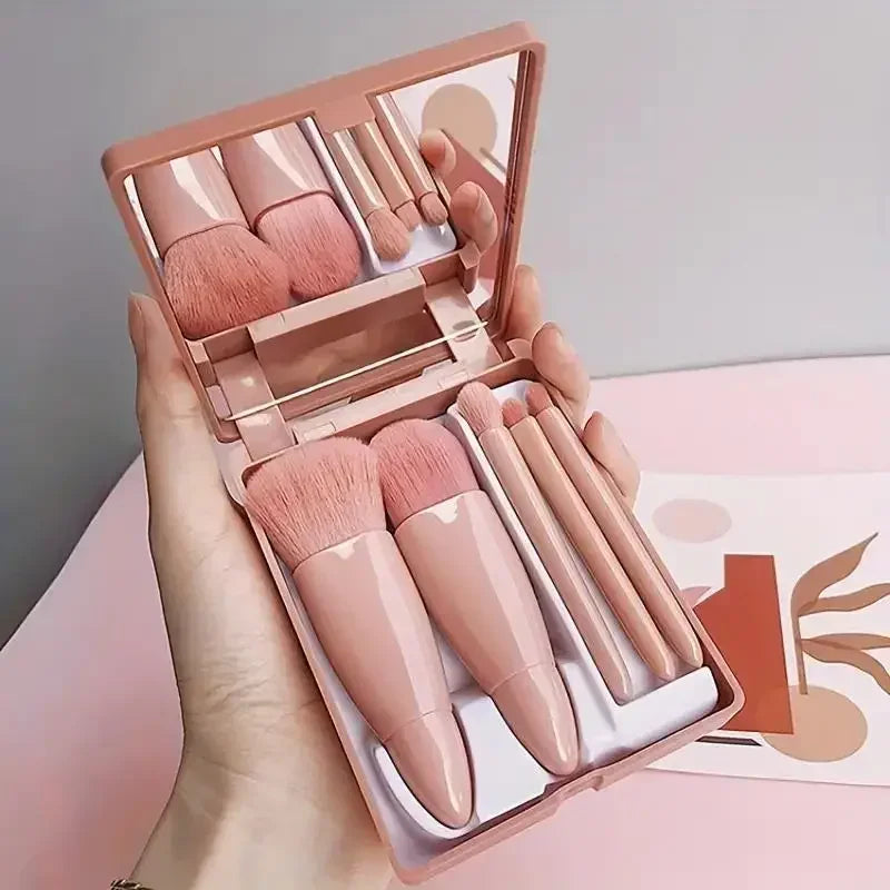 5pcs Mini Travel Size Makeup Brushes Set Complete Function Cosmetic Brushes Kit with Storage Case And Mirror for On-the-Go Oasis Select