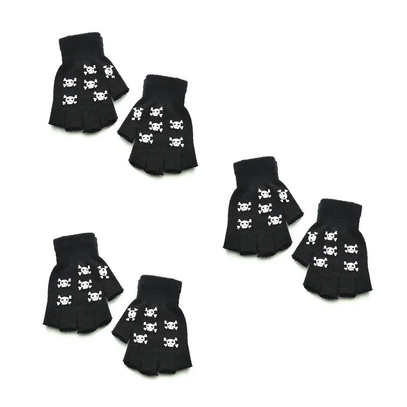 1/2/3/4pairs Adult Kids Halloween Skull Half-Finger Punk Gloves Winter Skull Fingerless Black Gloves Oasis Select 03-3pairs