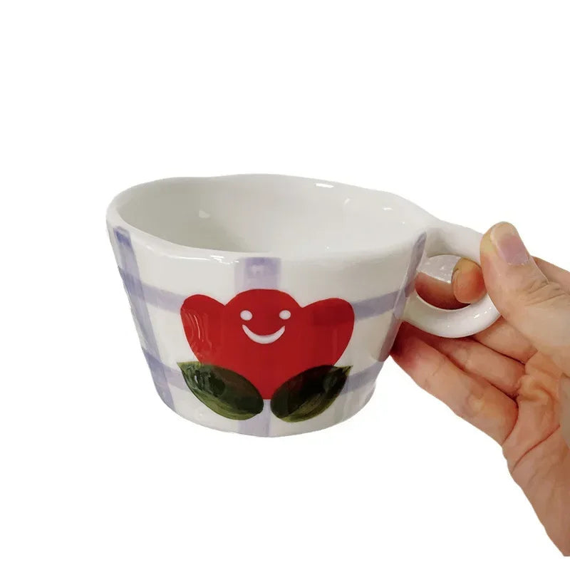 300ML Ceramic Mugs Hand Pinched Irregular Mug Hand-painted Strawberry Flower Coffee Cup Breakfast Milk Afternoon Tea Cup Gift Oasis Select Tulip 300ML