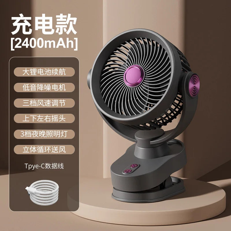 USB Rechargeable Clip Fan – Silent, LED & Oscillating Head