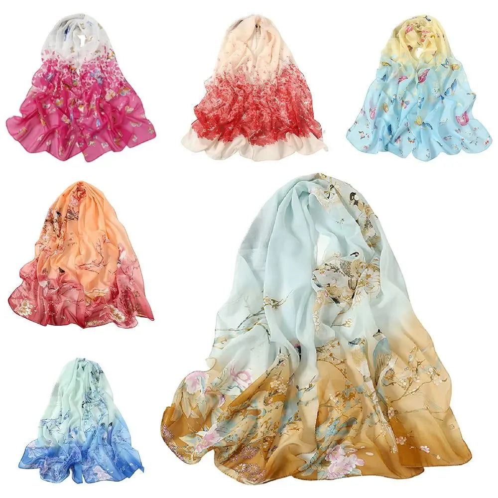 Fashion 160*50cm Chiffon Scarf Sunscreen Gradient Shawl Silk Washable Flower Print Long Wrap Shawl for Women Oasis Select