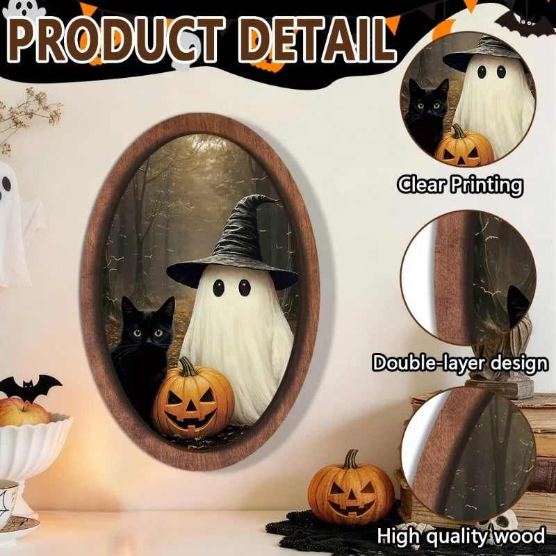 Halloween Ghost Wooden Photo Frame Painting Retro 3D Hanging Plaque Festival Decor Wall Sticker for Home Party Wall Decor Oasis Select