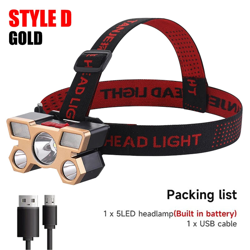 5 LED Headlamp Rechargeable with Built in 18650 Battery Strong Light Headlight Camping Adventure Fishing Head Light Flashlight Oasis Select Style D