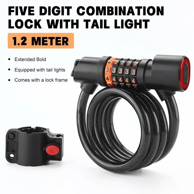 Bicycle Lock with Tail Light 5-Digit Security Password Bike Lock Steel Cable Chain Anti-theft Bicycle Bike Accessories Oasis Select Lock 01
