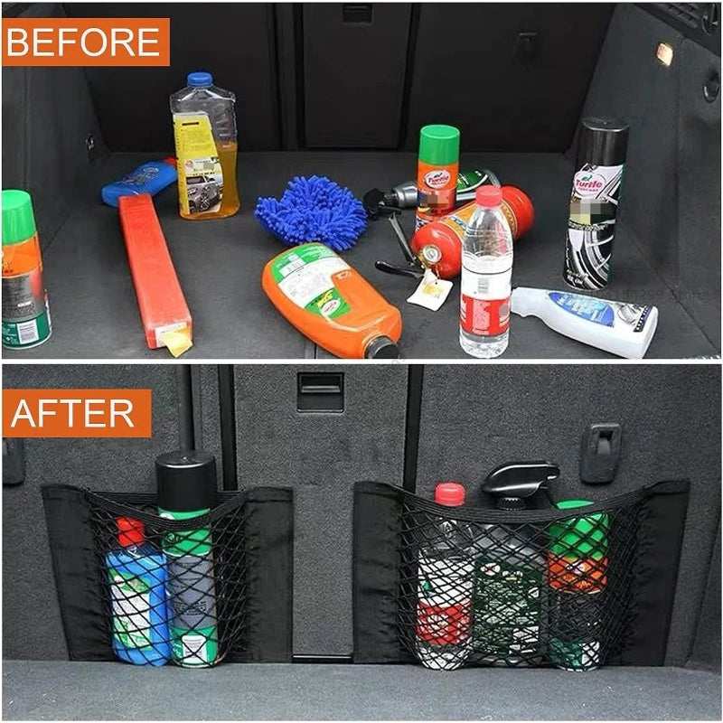 Car Back Rear Trunk Organizer Net Mesh Seat Elastic String Magic Sticker Universal Storage Bag Pocket Auto Put Paper Stowing Oasis Select