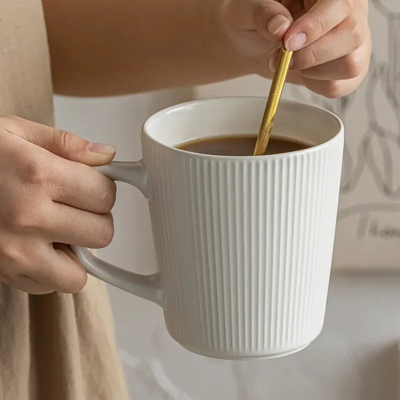 Coffee Cup Vintage Style Striped with Handle Simple Ceramic High Capacity Milk Breakfast Mug for Household Office Water Cup Oasis Select