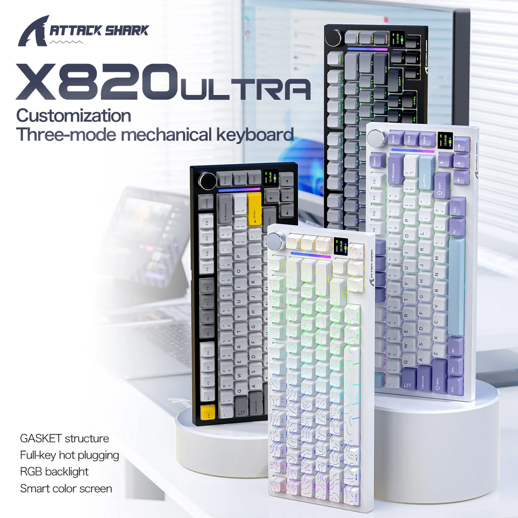 ATTACK SHARK X820 ULTRA 75% Tri Mode Mechanical Keyboard Gasket Mount 1.2mm PCB Slot Color Screen 4000mAh Battery Hot Swappable Oasis Select