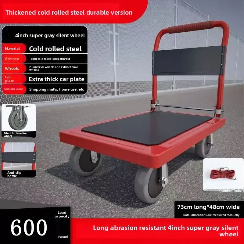 Multi-functional Color steel plate trolley Pull goods trolley Pallet flatcar Portable folding silent Oasis Select Red B