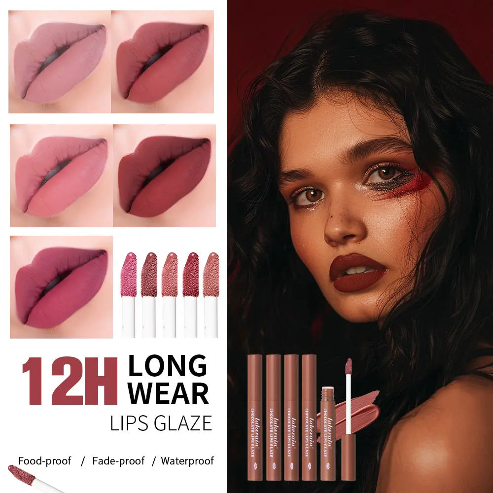 5-Pc Chocolate Matte Lip Gloss Set – Waterproof & Moisturizing Matte Lip Gloss Set Oasis Select