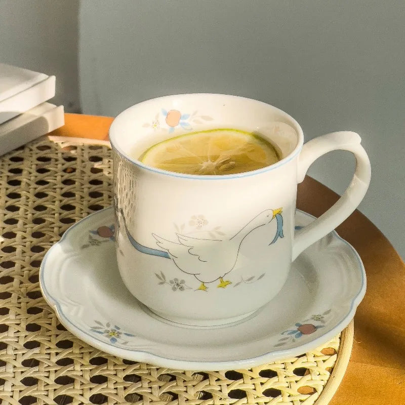 Cartoon Swan Floral Ceramic Mugs Coffee Cups Plate Set Milk Tea Cup Ins Korean Style Oatmeal Breakfast Mug Drinkware Kitchen Cup Oasis Select