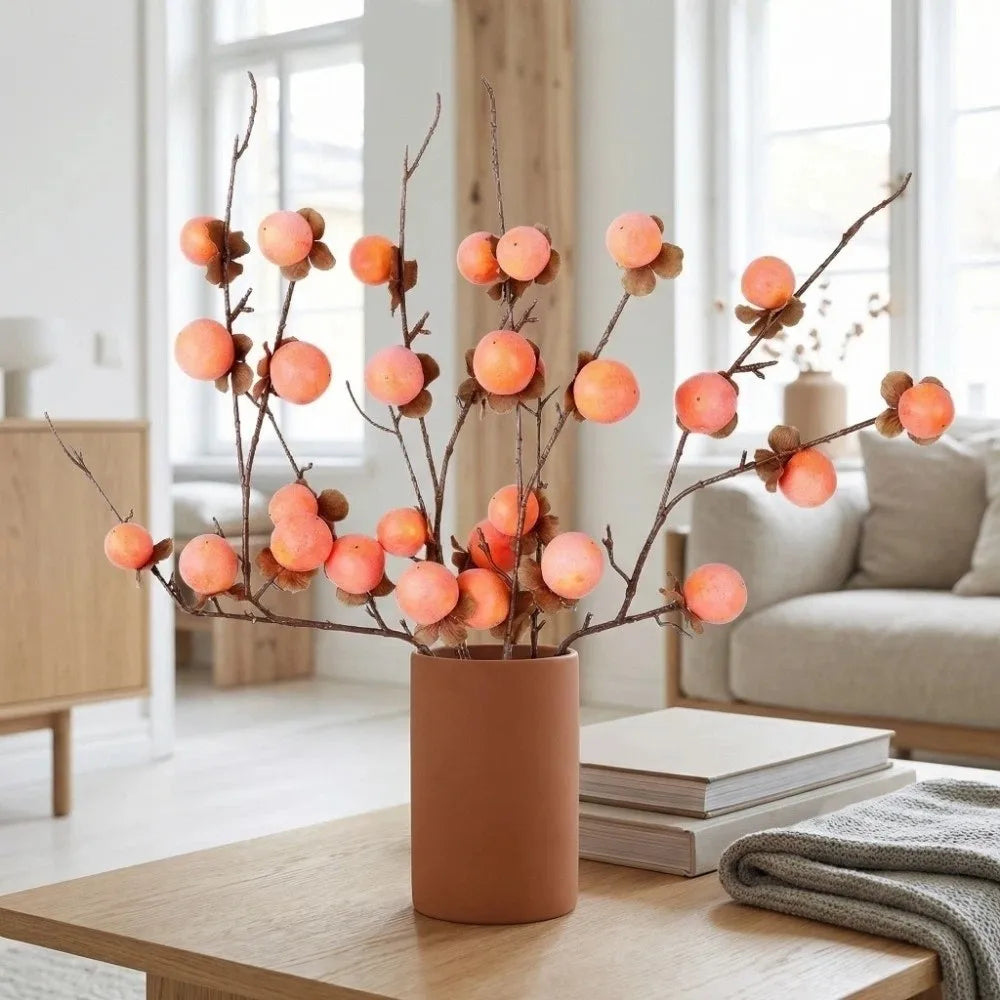 8 Heads Artificial Persimmon Branch Realistic Handmade Simulation Persimmon Fruit Foam Plastic Fake Plants Home Decor Oasis Select