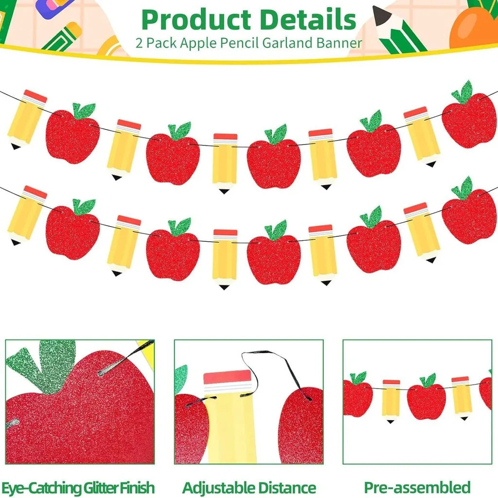 Glitter Apple & Pencil Banner | Back to School Garland Decor