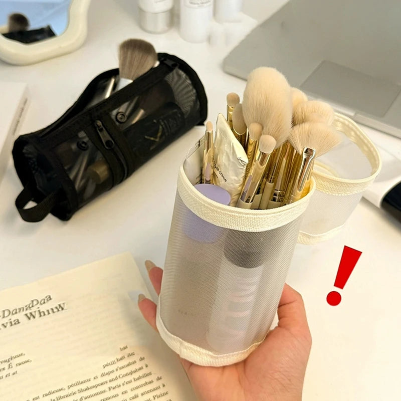 Mesh Dual-use Makeup Brush Storage Bag Portable Brush Case Simple Large Capacity Brush Bucket Holder Travel Stand-up Pouch Oasis Select