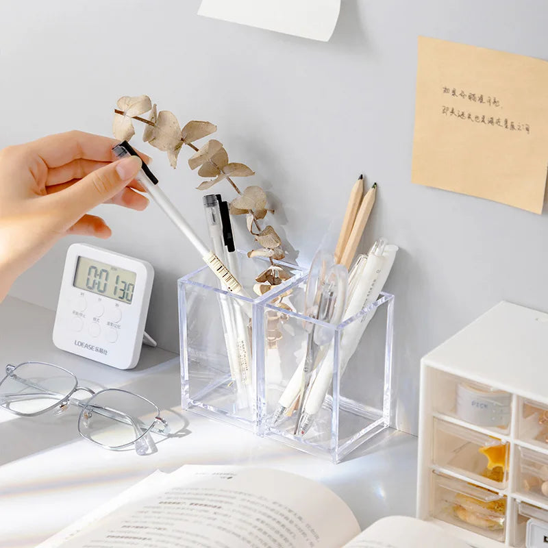 Clear Acrylic Square Pen Holder Desktop Organizer for Pens Pencils Makeup Brushes Office School Home Storage Decorative Box Oasis Select