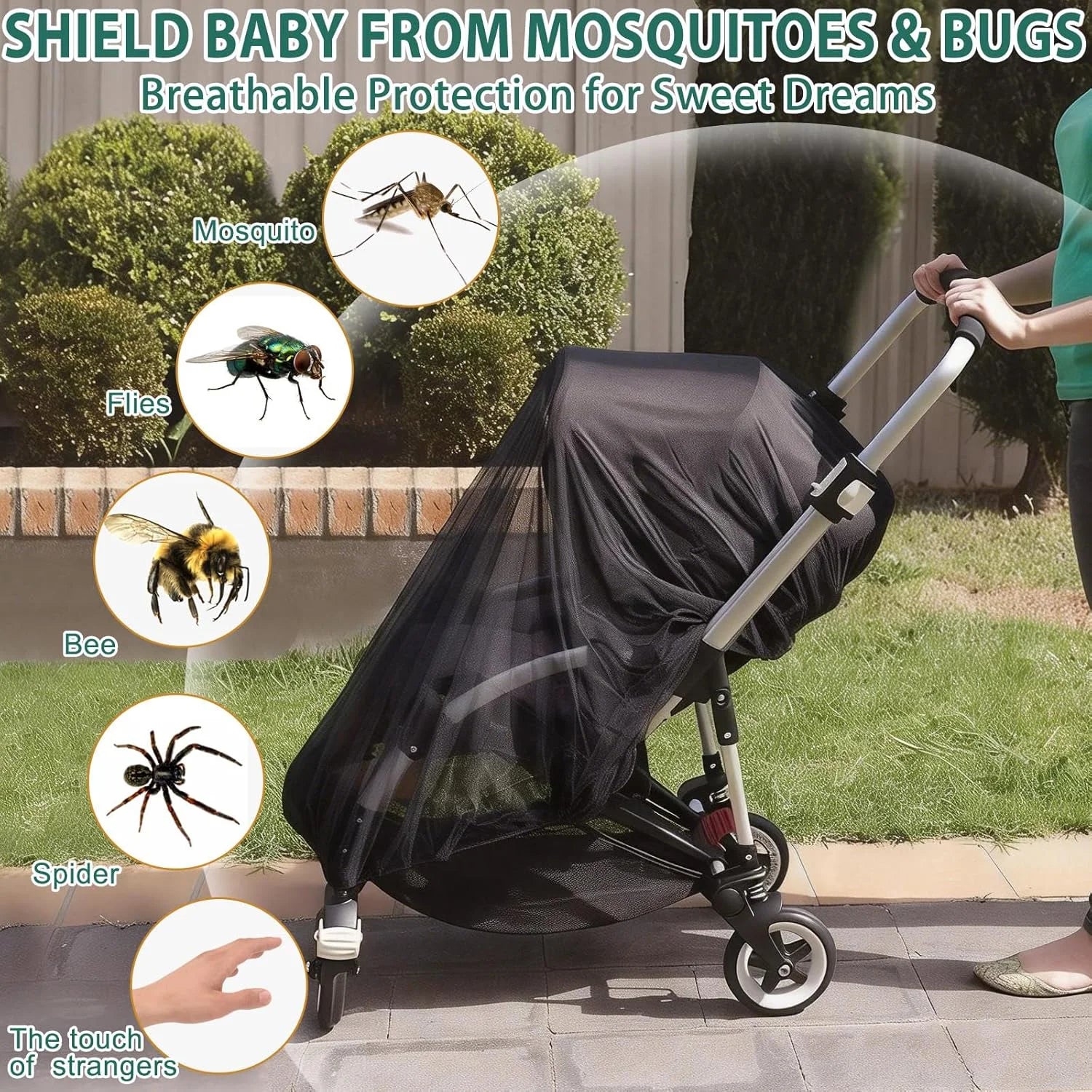 Stroller Mosquito Net, Full Coverage Dense Mesh for Insect Protection, Polyester Outdoor Baby Stroller Gear Stroller Accessories Oasis Select