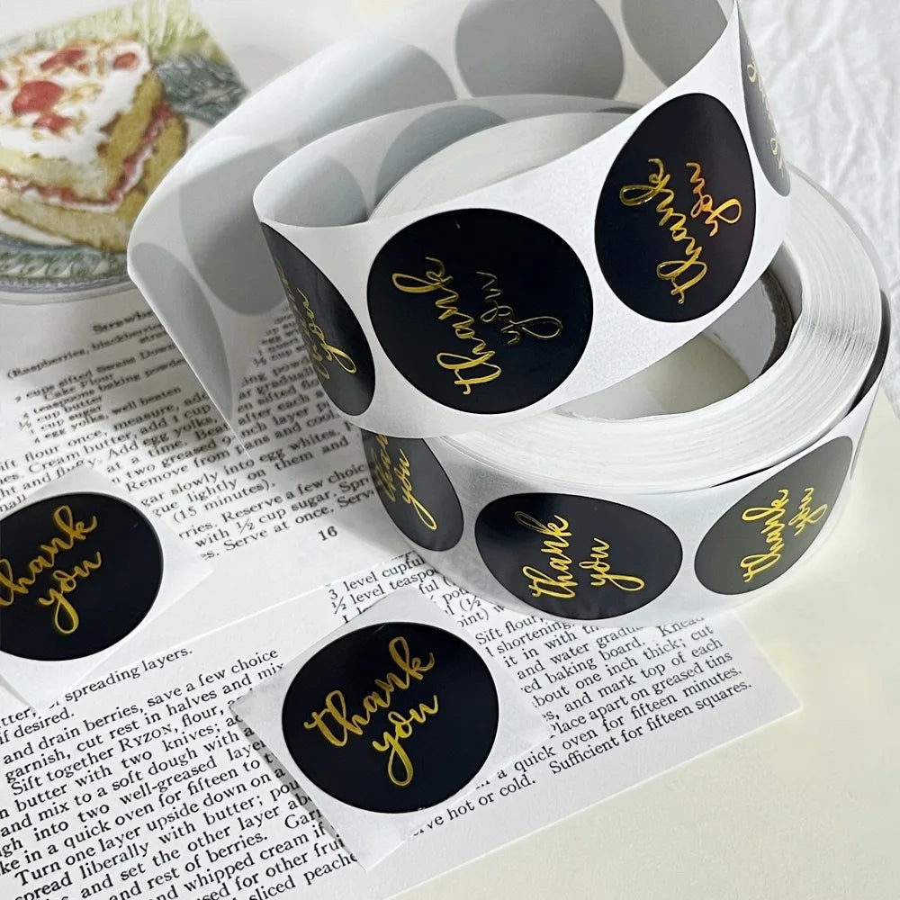 500 pcs/roll 1 inch hot stamping thank you stickers for gift wrapping, envelope sealing, corporate office supplies, Diy decorati Oasis Select black