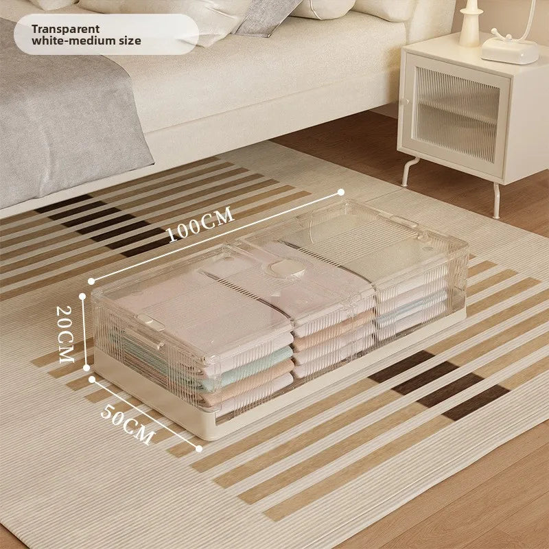 Folding storage ******der the bed Plastic transparent extra large roller dustproof storage box Clothes quilt finishing box Oasis Select White-C