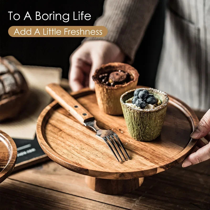 Creative High-Foot Cake Plate Acacia Wood Decoration Tea Plate Dessert Table Display Stand Afternoon Tea Fruit Snack Tray Oasis Select