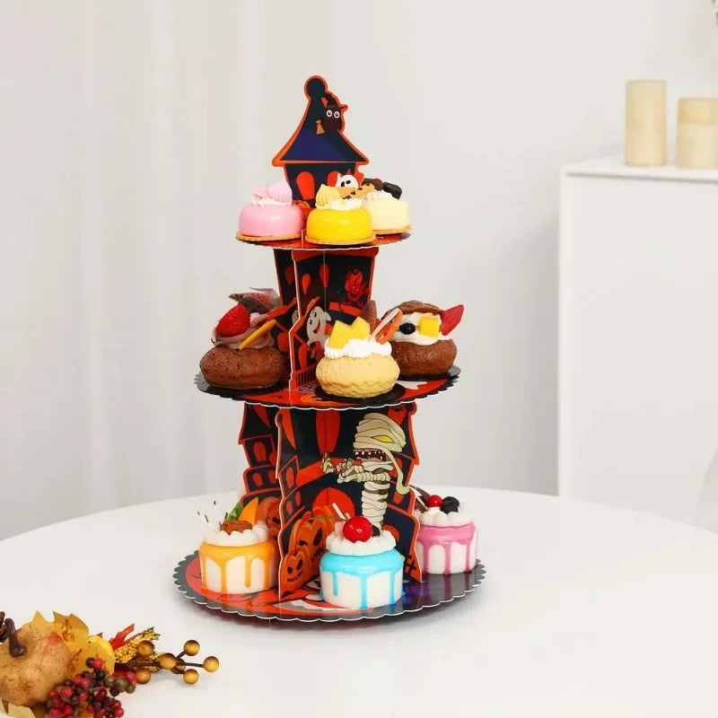 Halloween Hand-folded Assembled Cake Stand Holiday Party Decoration Paper Three-layer Dessert Tray Decoration Oasis Select