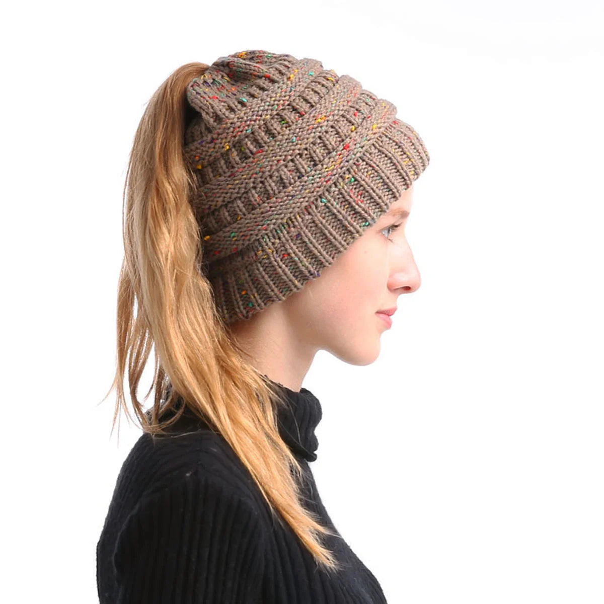 Mixed color hollow top hat with large brim, knitted ponytail, parent-child hat, yarn and yarn versatile Oasis Select 3