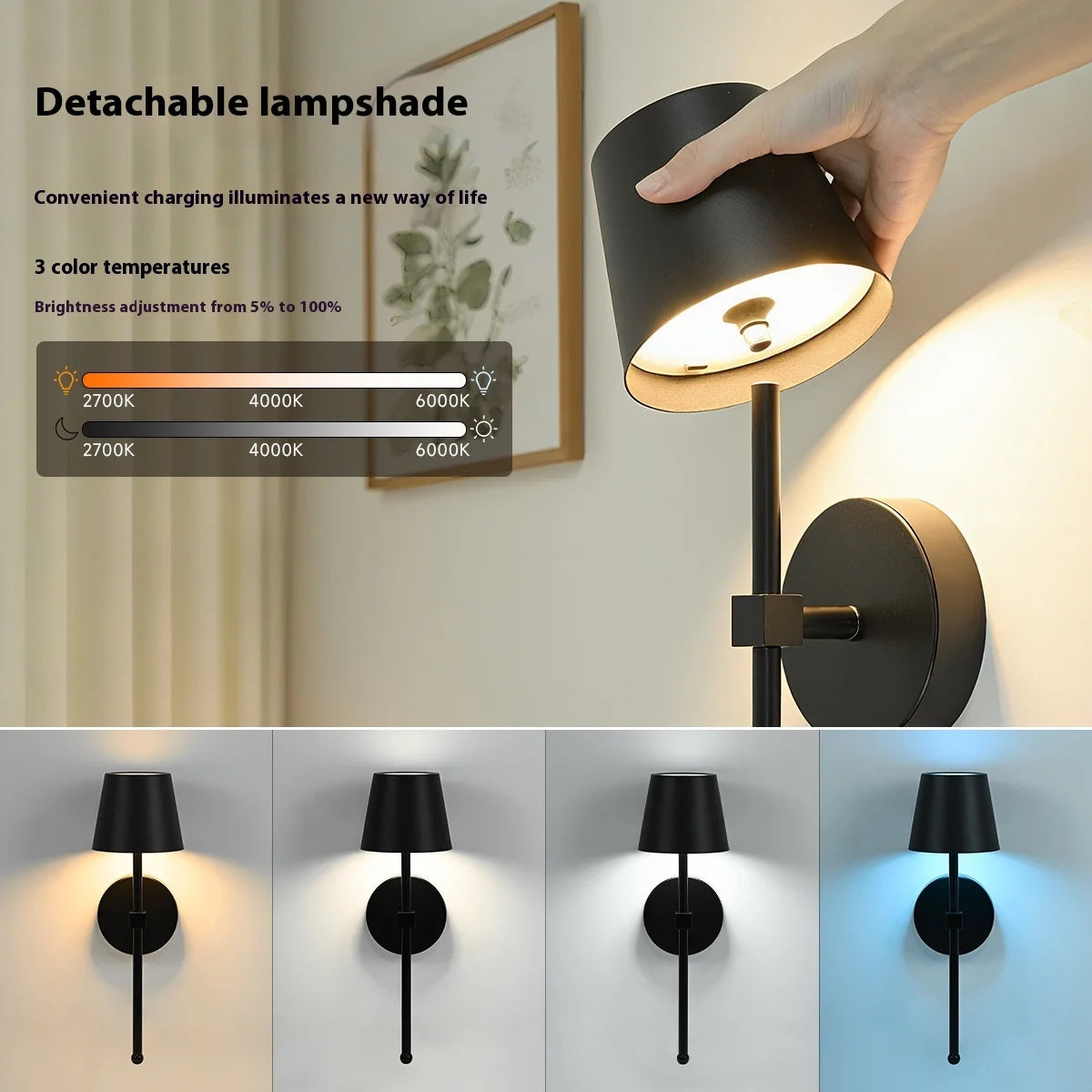 American-style No-wiring Bedroom Bedside Lamp Living Room Decoration Remote-controlled Gold Wireless Charging Dimmable Wall Lamp Oasis Select