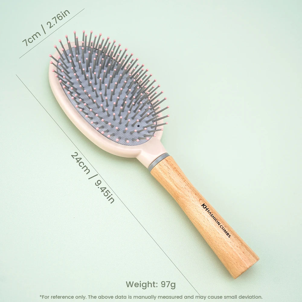 Natural Wood Handle Air Cushion Hair Brush - Soft Round-Tip Nylon Pins for Gentle Detangling & Scalp Massage Oasis Select