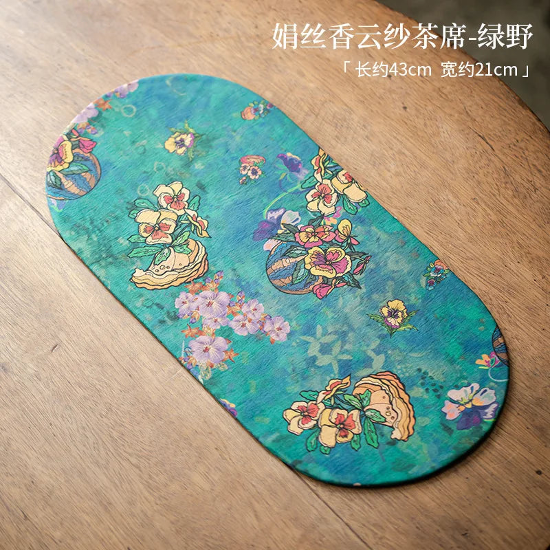 Double-sided Silk Fragrant Cloud Yarn Tea Mat Chinese Style Tea Table Heat Insulation Waterproof Mat Chinese Zen Dry Foam Mat Oasis Select Mat - Green Field