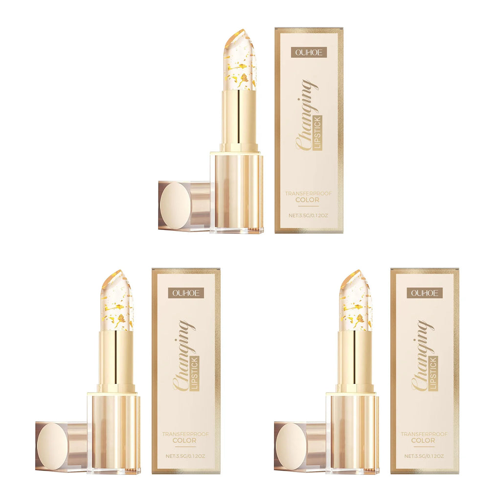 Gold Foil Color Changing Lip Balm Glossy Non-Sticky Nourishing Moisturizing Lasting Transferproof Color Changing Lipstick Oasis Select 3Pcs