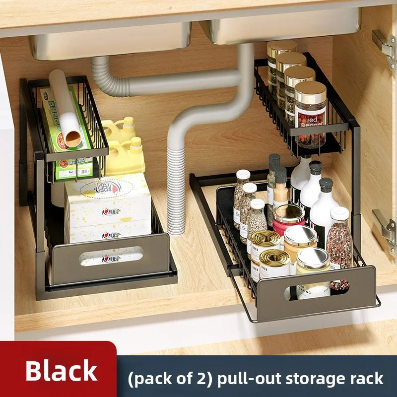 Kitchen lower sink rack pull-out seasoning storage layered pull basket bathroom drawer Oasis Select Black 2 packs