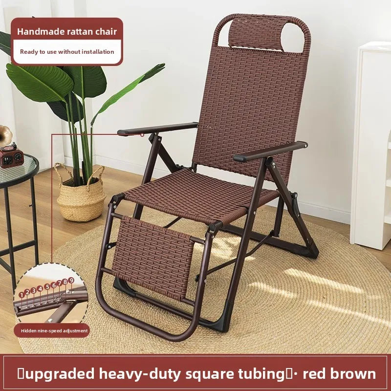 Rattan chair rattan woven folding lunch break recliner home leisure backrest elderly lazy chair durable nap bed folding chair Oasis Select Braided-Brown-A