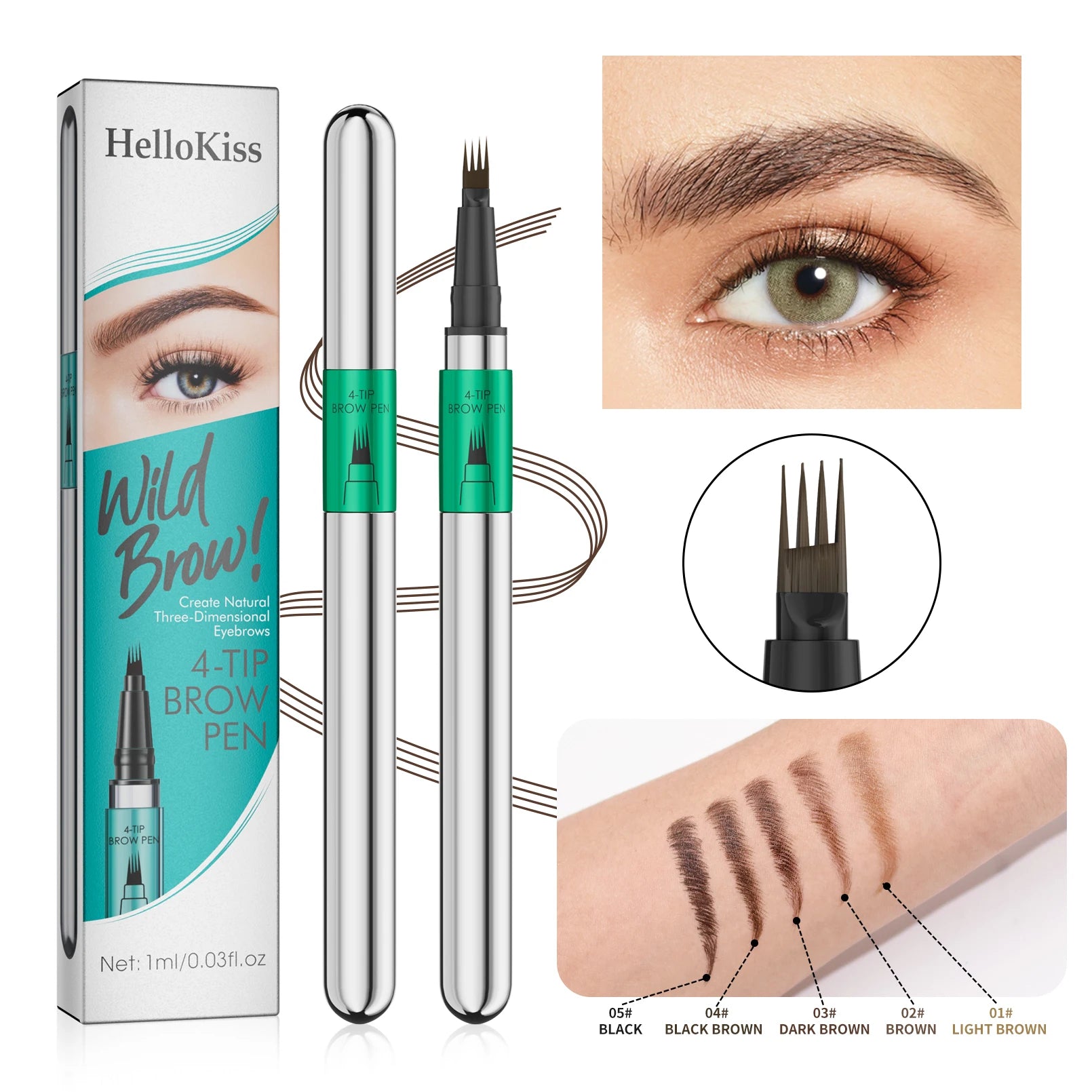 Hellokiss Waterproof Microblading Eyebrow Pen | 4-Tip, 5 Colors