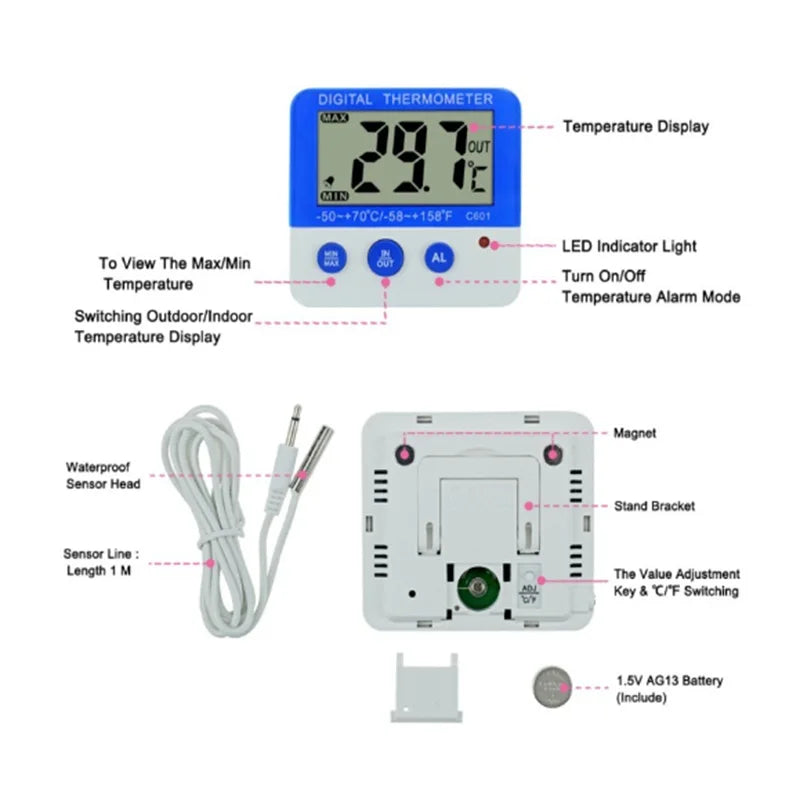 LCD Display Digital Fridge Thermometer with Alarm and Max Min Temperature Digital Freezer Thermometer for Indoor Outdoor ﻿ Oasis Select