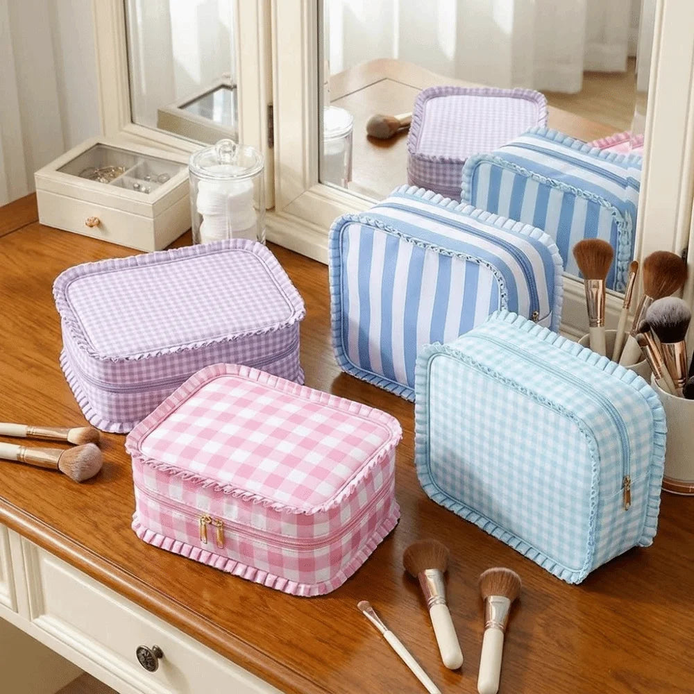 Ruffle Nylon Cosmetic Bag – Waterproof Zipper Makeup Organizer