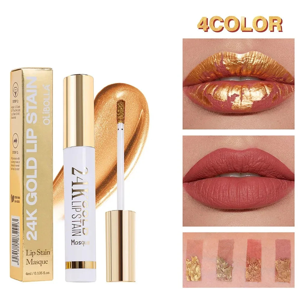 Lip Stain Liquid Lipstick, 4 Colors Dual-use Matte Base & Metallic Gold Flake Top Coat, Long Lasting Shimmer Lip Makeup Oasis Select