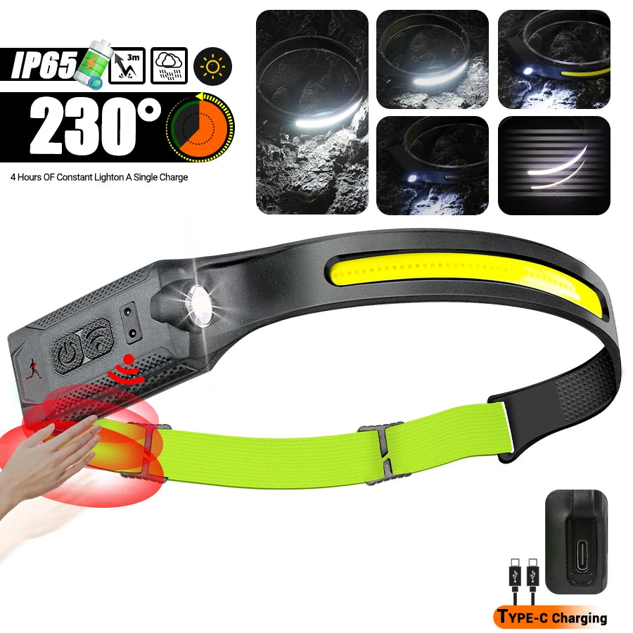 LED Sensor Headlamp | 5-Mode Rechargeable Head Torch | Camping