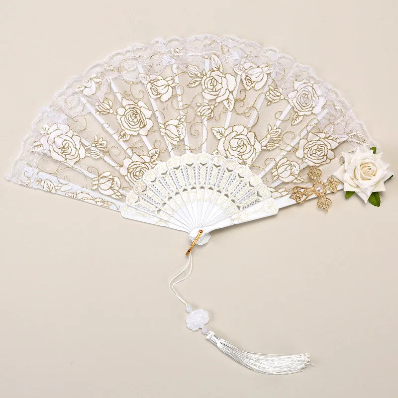 Dance Fan Ornament Ladies Lace Hand Fan Black White Cloth Folding Fans Spanish Hand for Wedding Party Favor Accessories Oasis Select A