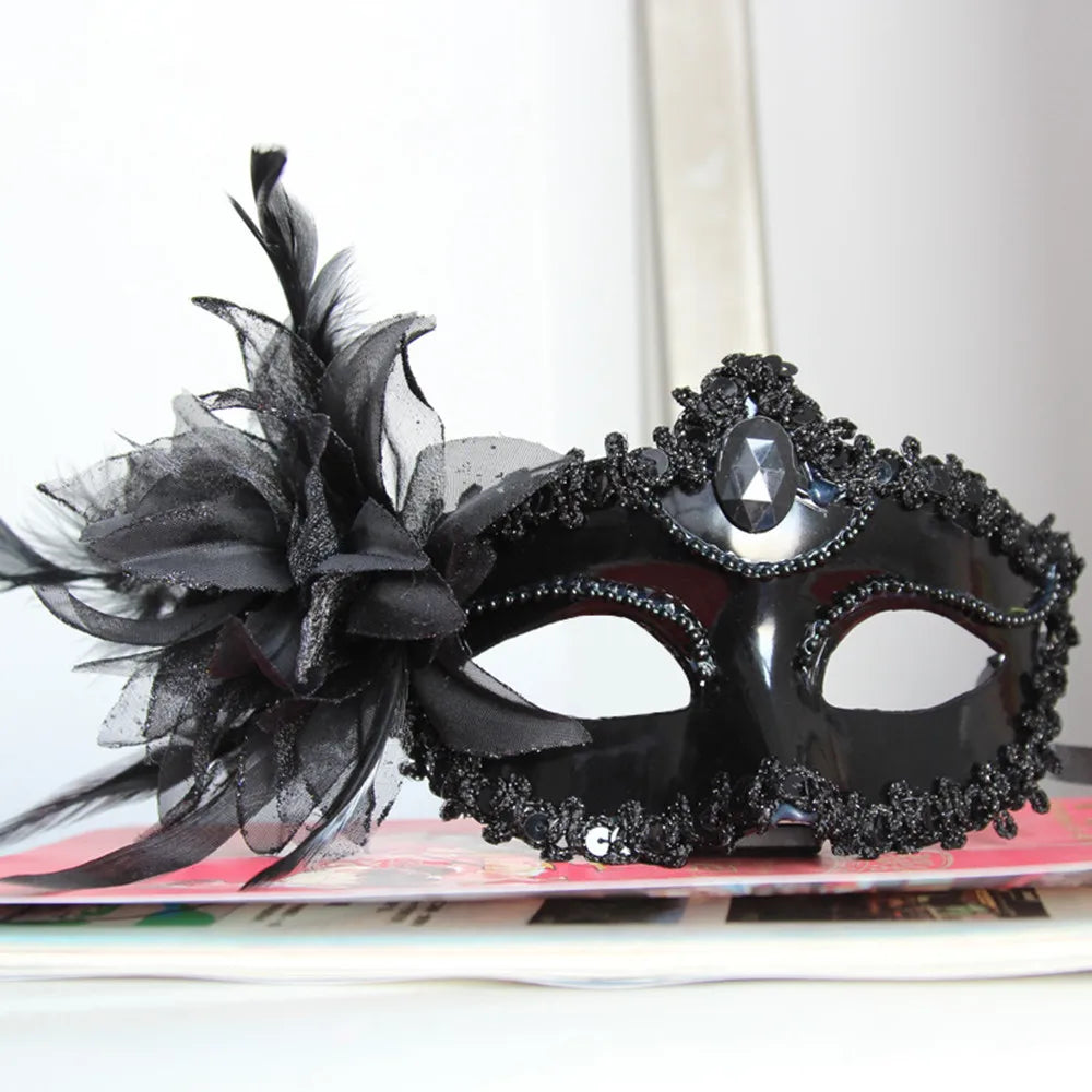 Dance Party Diamond Venetian Mask Feather Flower Wedding Carnival Performance Costume Sexy Lady Mask Masquerade Christmas Oasis Select Black