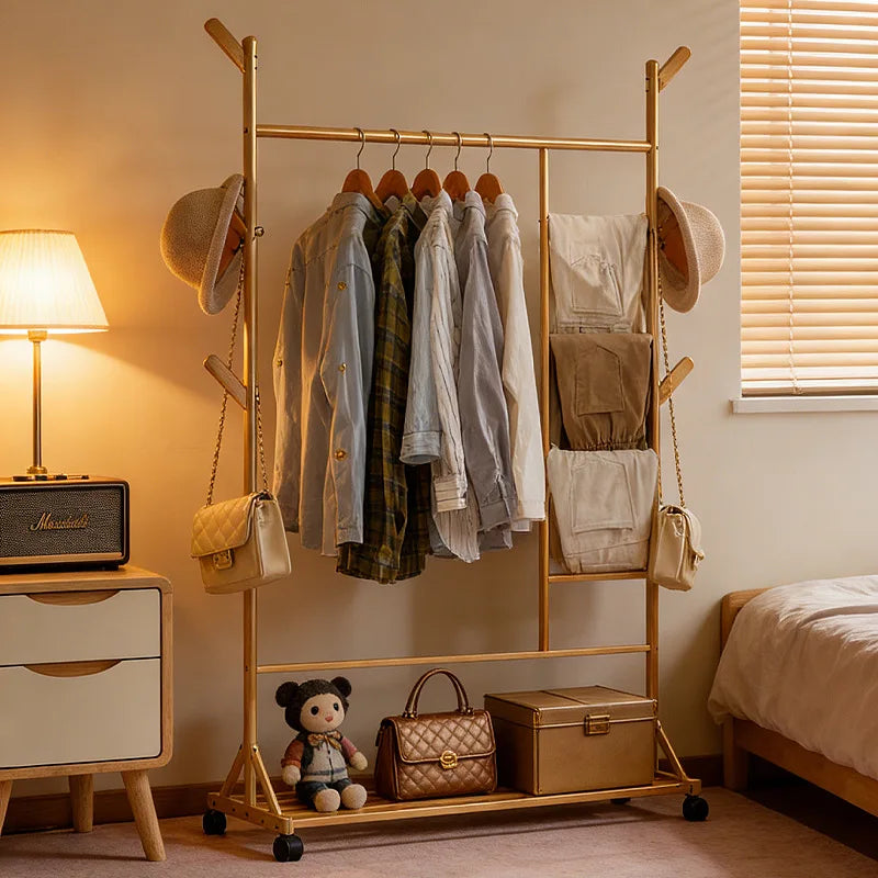 Simple coat rack Hanging hanger Floor to ceiling Living room Bedroom hanger Children's creative solid wooden clothes rack Oasis Select